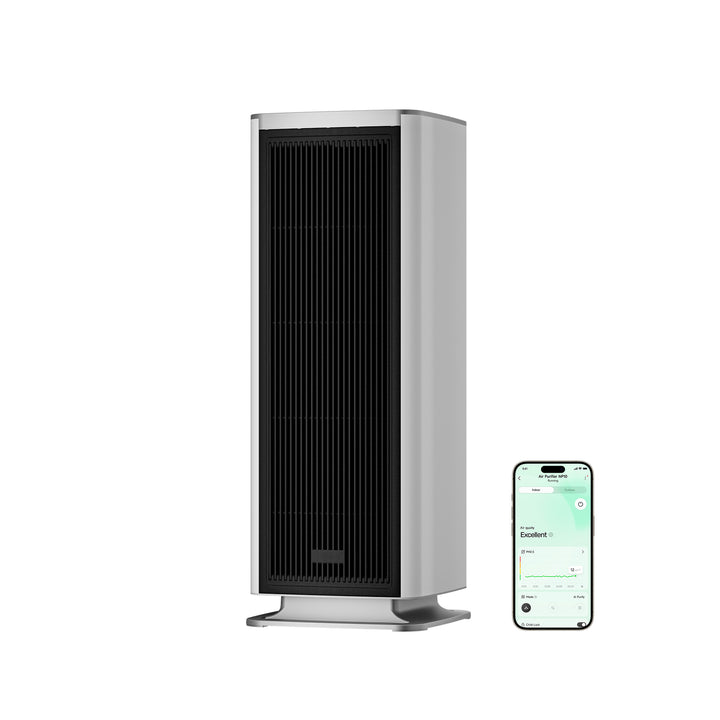 White air purifier with black front grille and control display, upright on a small base.