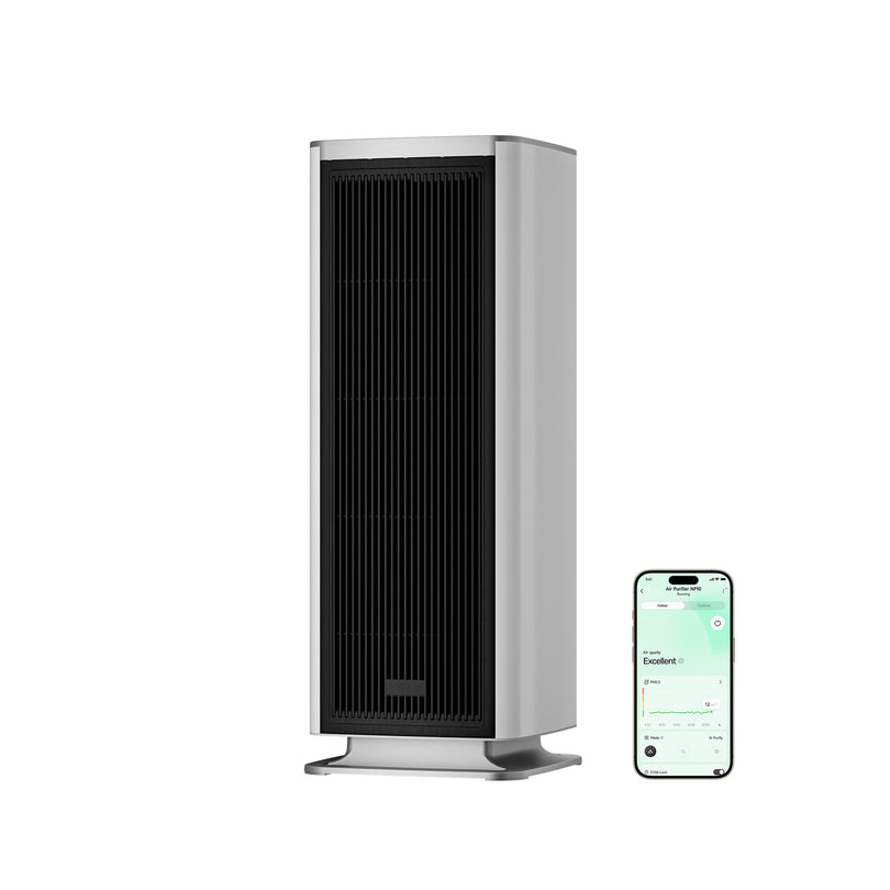 White air purifier with black front grille and control display, upright on a small base.