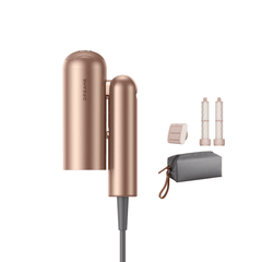 Rose gold pocket hairdryer with 2 nozzles, diffuser, and travel storage pouch