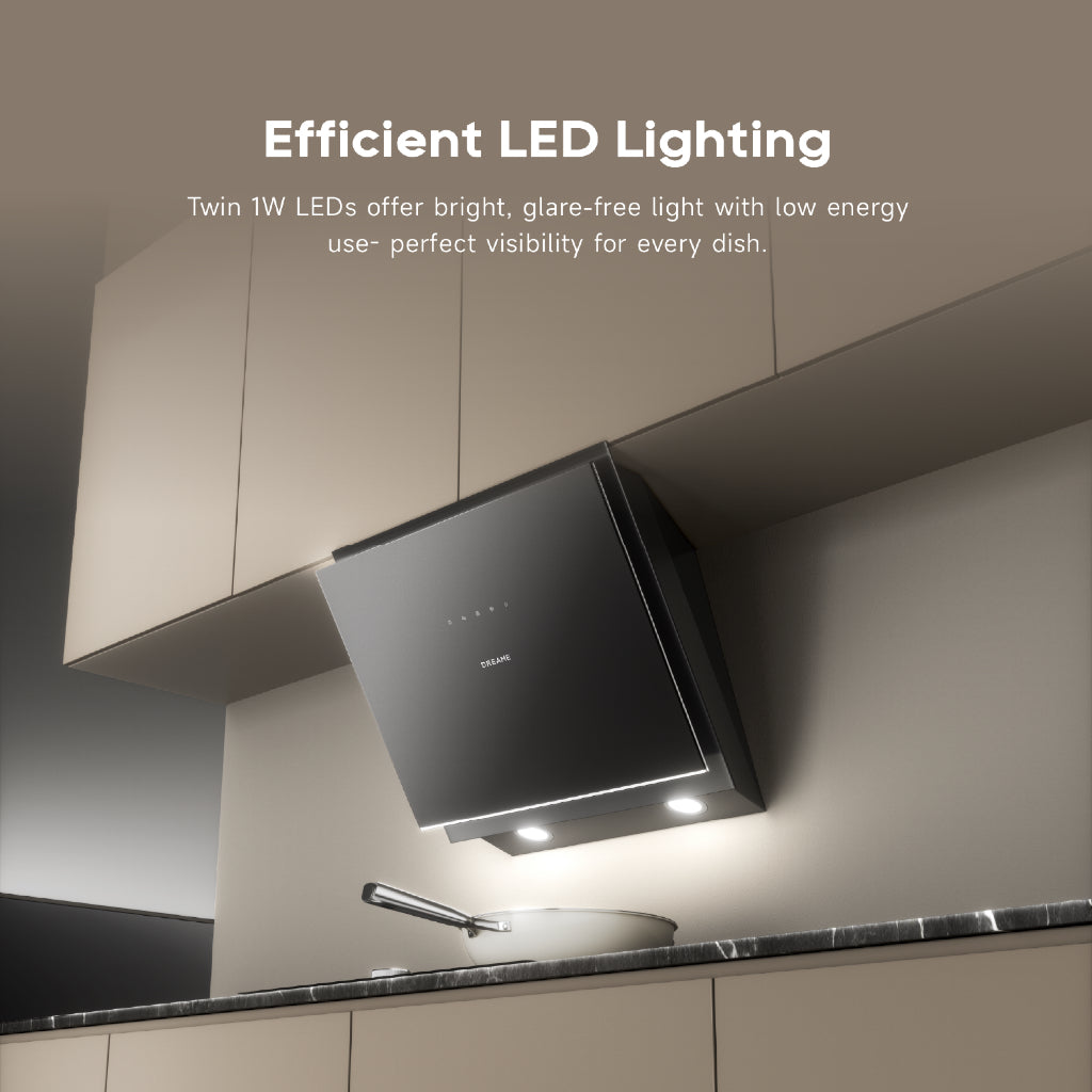 Dreame slanted canopy hood with built-in LED lights, black housing under kitchen cabinet