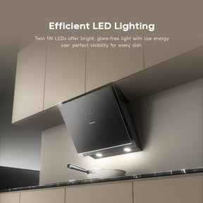 Dreame slanted canopy hood with built-in LED lights, black housing under kitchen cabinet