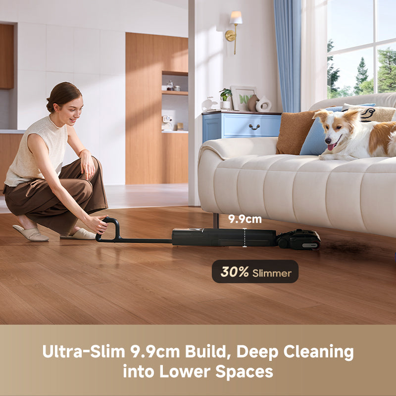 Cordless wet/dry stick vacuum with slim base and floor nozzle on hardwood