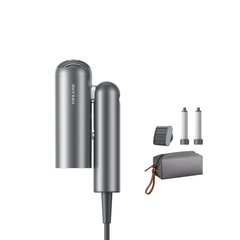 Titanium-gray pocket hairdryer with 2 nozzles, diffuser, and travel storage pouch