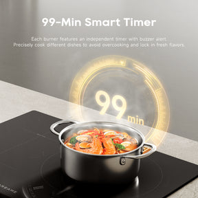 Black induction cooktop with pot and bright circular timer glow above