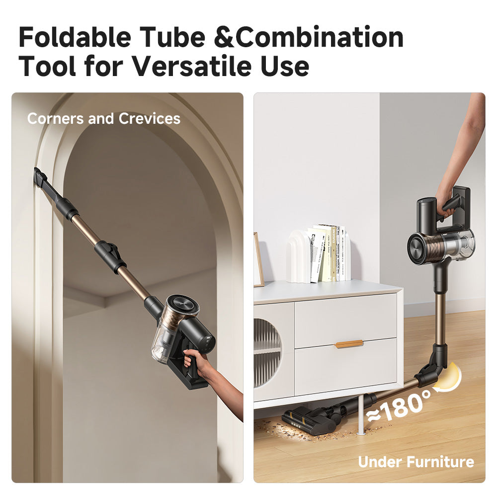 Foldable stick vacuum tube and combination tool for corners, crevices, and under furniture