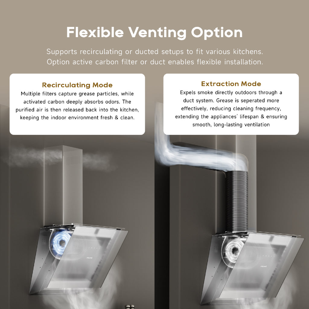 Dreame slanted canopy hood with flexible duct connection and stainless ventilation duct
