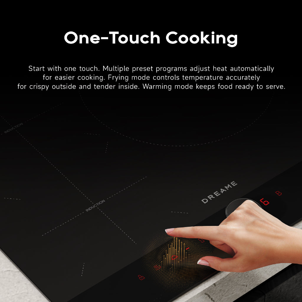 Black induction cooktop with touch controls and red LED indicator, hand pressing