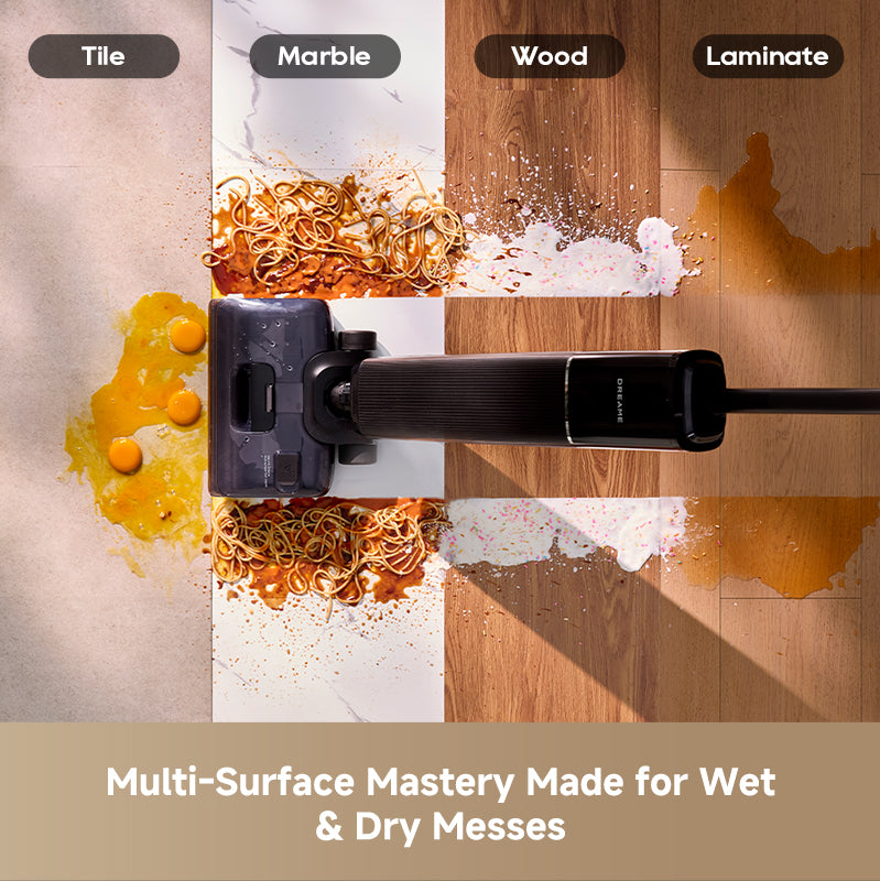 Wet/dry vacuum floor nozzle with rotating brush removing wet mess from multiple surfaces