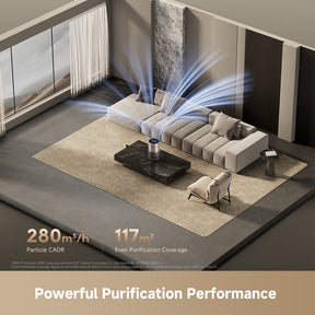 White air purifier on a rug with visible airflow lines toward the room