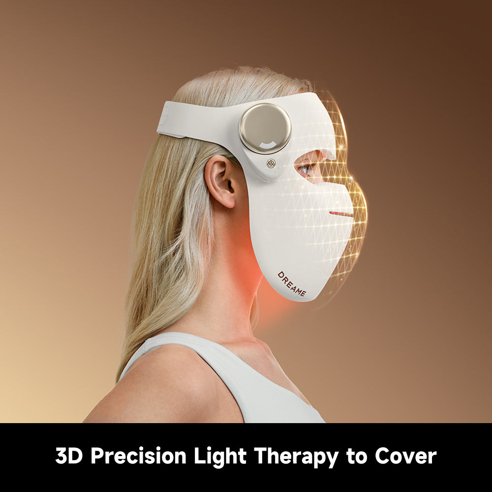 LED face mask with 3D light therapy coverage and side-mounted control