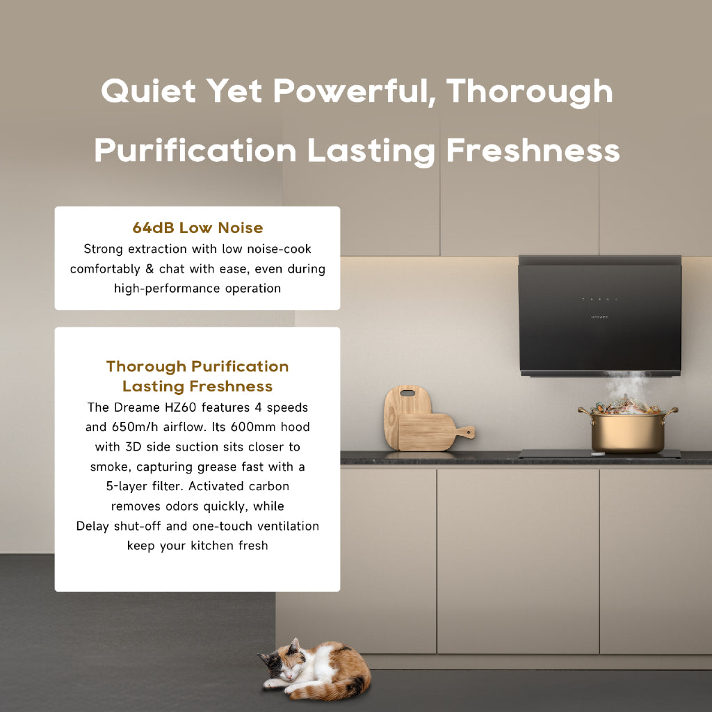 Dreame slanted canopy hood in black finish mounted above cooktop in modern kitchen