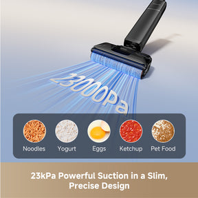 Cordless wet/dry vacuum floor head with transparent reservoir and blue brush cover