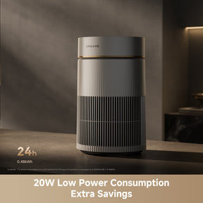 Compact white air purifier with vertical grille and top control panel