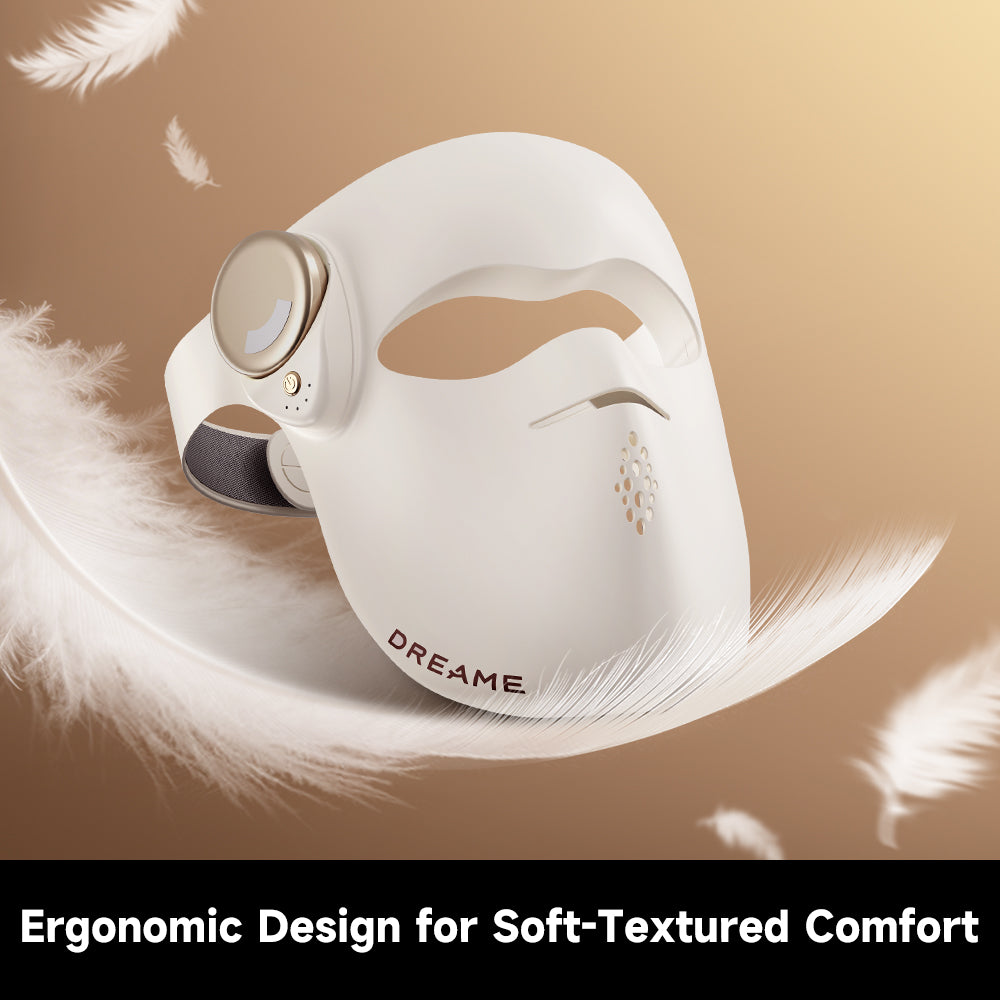 White ergonomic LED face mask with soft-textured comfort pads
