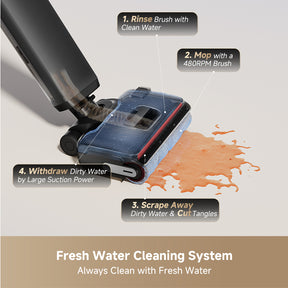 Wet/dry vacuum floor head with blue cleaning pad, shown with water cleaning stages