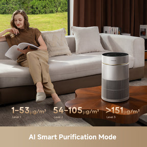 White air purifier standing on the floor beside a sofa in a living room