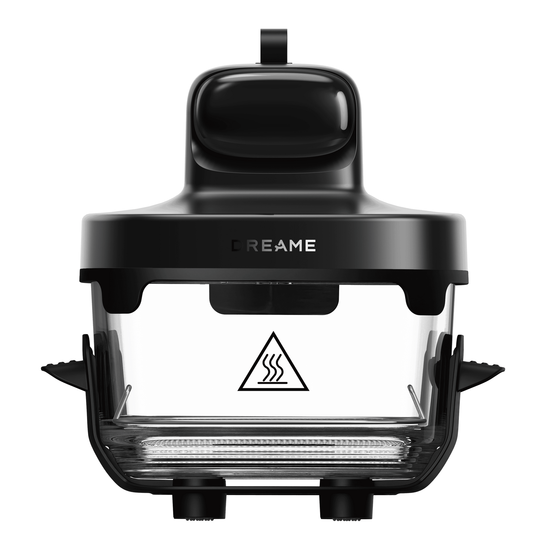 Black portable glass air fryer front view with clear cooking window and heating icon