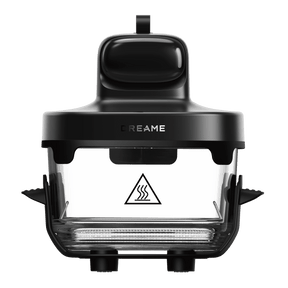 Black portable glass air fryer front view with clear cooking window and heating icon