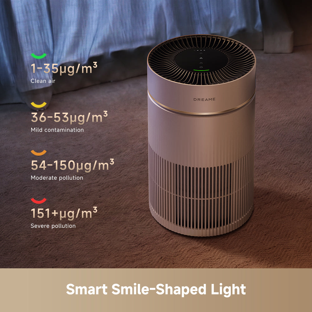 Rose gold air purifier with top fan grille and small indicator lights