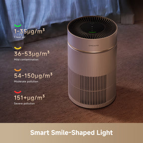 Rose gold air purifier with top fan grille and small indicator lights