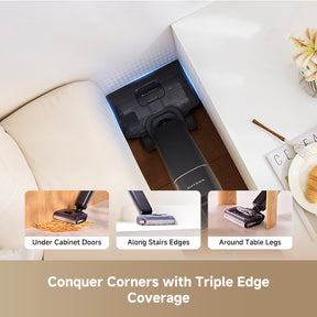 Cordless wet/dry vacuum with floor head cleaning under furniture in a tight corner