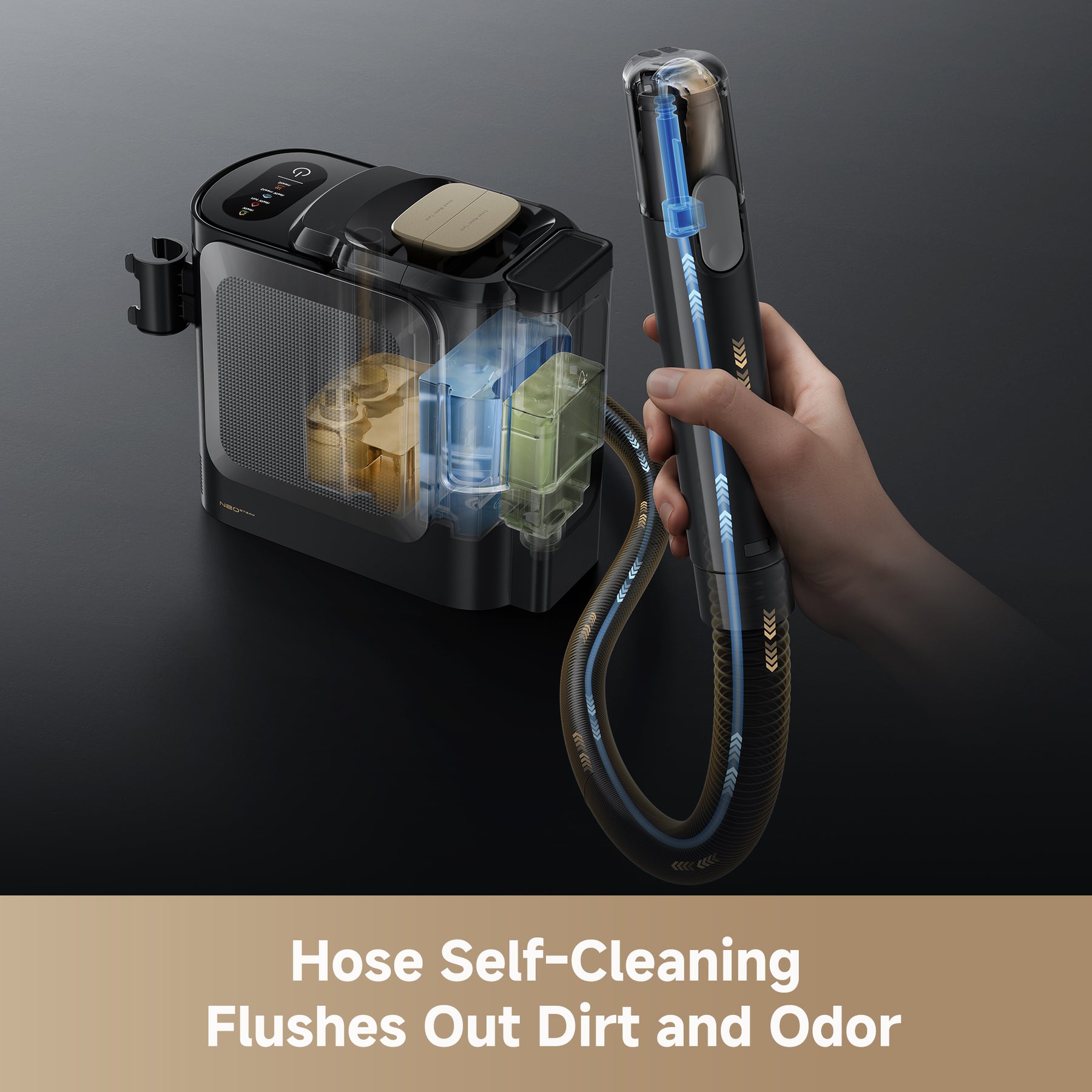 Steam spot cleaner with transparent solution tank and self-cleaning hose