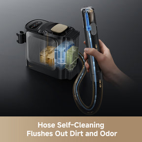Steam spot cleaner with transparent solution tank and self-cleaning hose