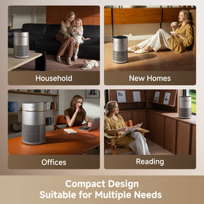 Compact air purifier in a multi-scene layout for home, office, and reading