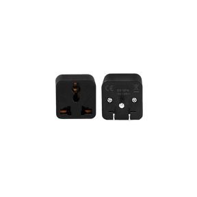 Universal travel adapter plug, black back with CE marking and dual prongs