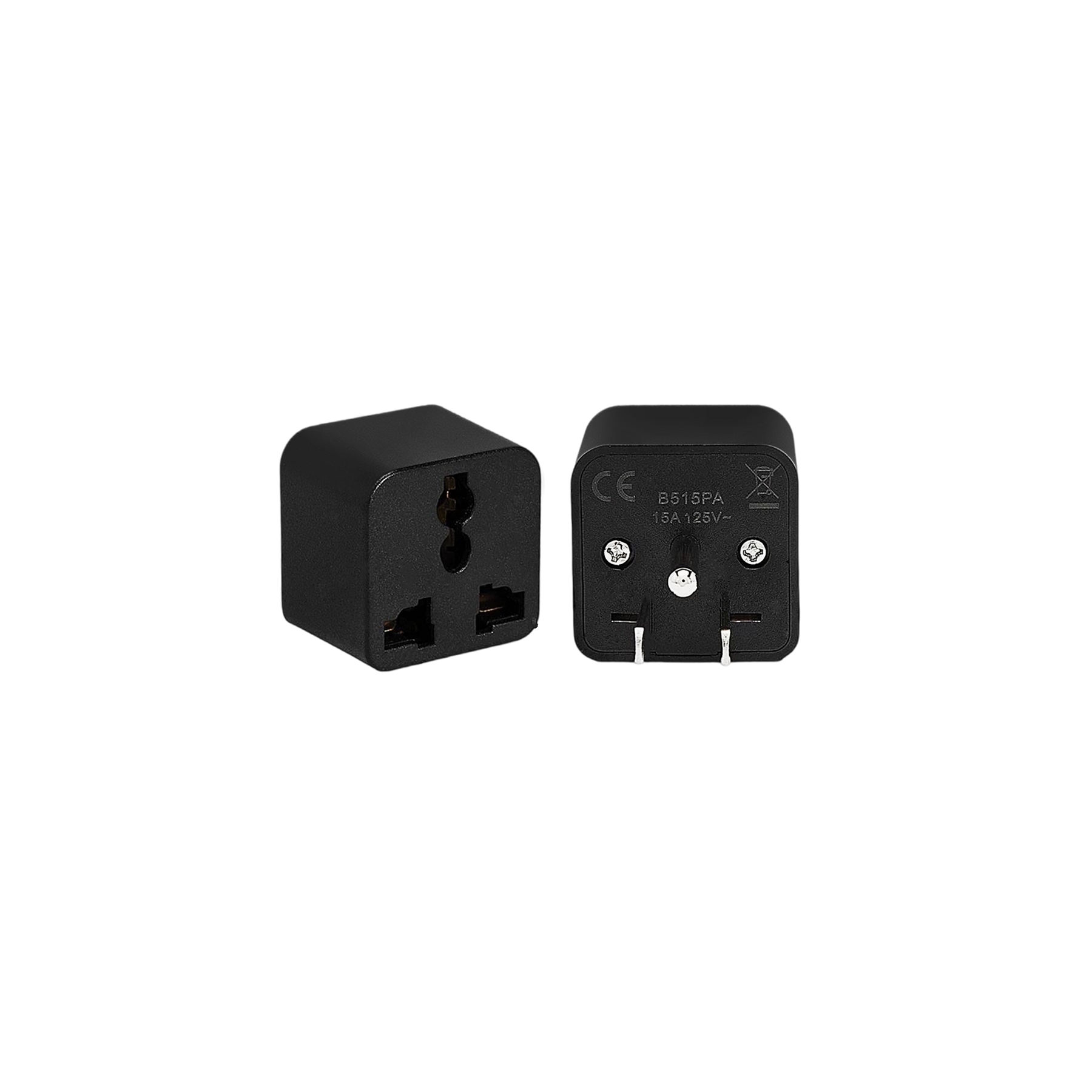Universal travel adapter plug, black front with two-pin outlet and ground slot