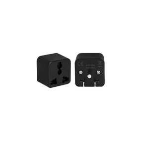 Universal travel adapter plug, black front with two-pin outlet and ground slot