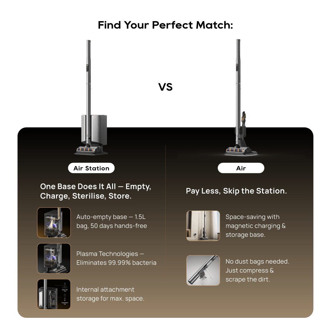 Cordless stick vacuum with charging and auto-empty Air Station base display