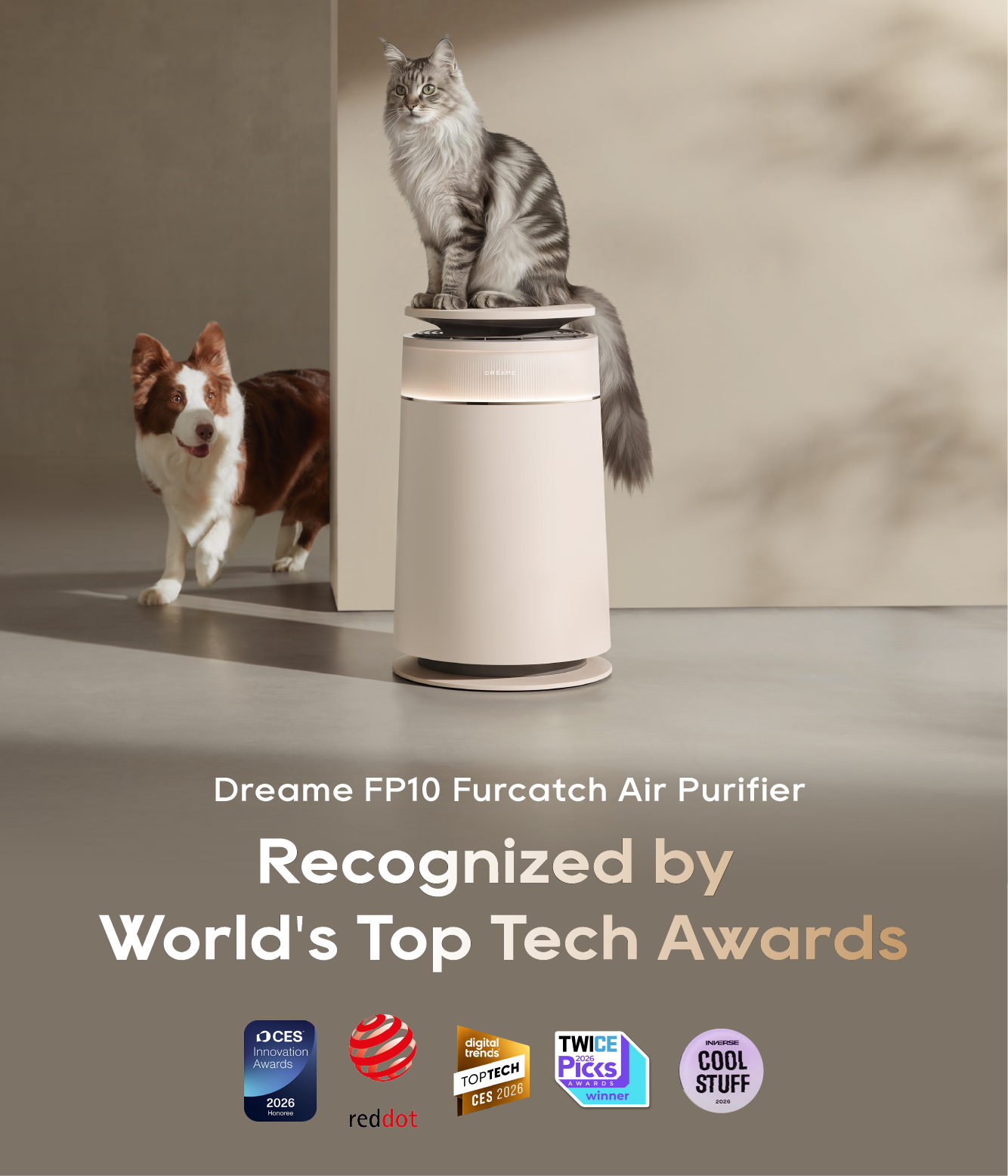White pet air purifier with two cats and a dog standing around it