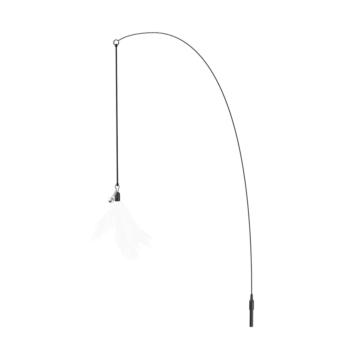 Curved cat teaser wand with hanging white feather lure and two grip knobs