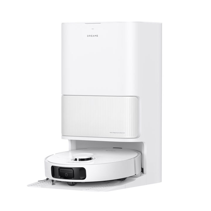 White robot vacuum with self-emptying charging dock and open top panel
