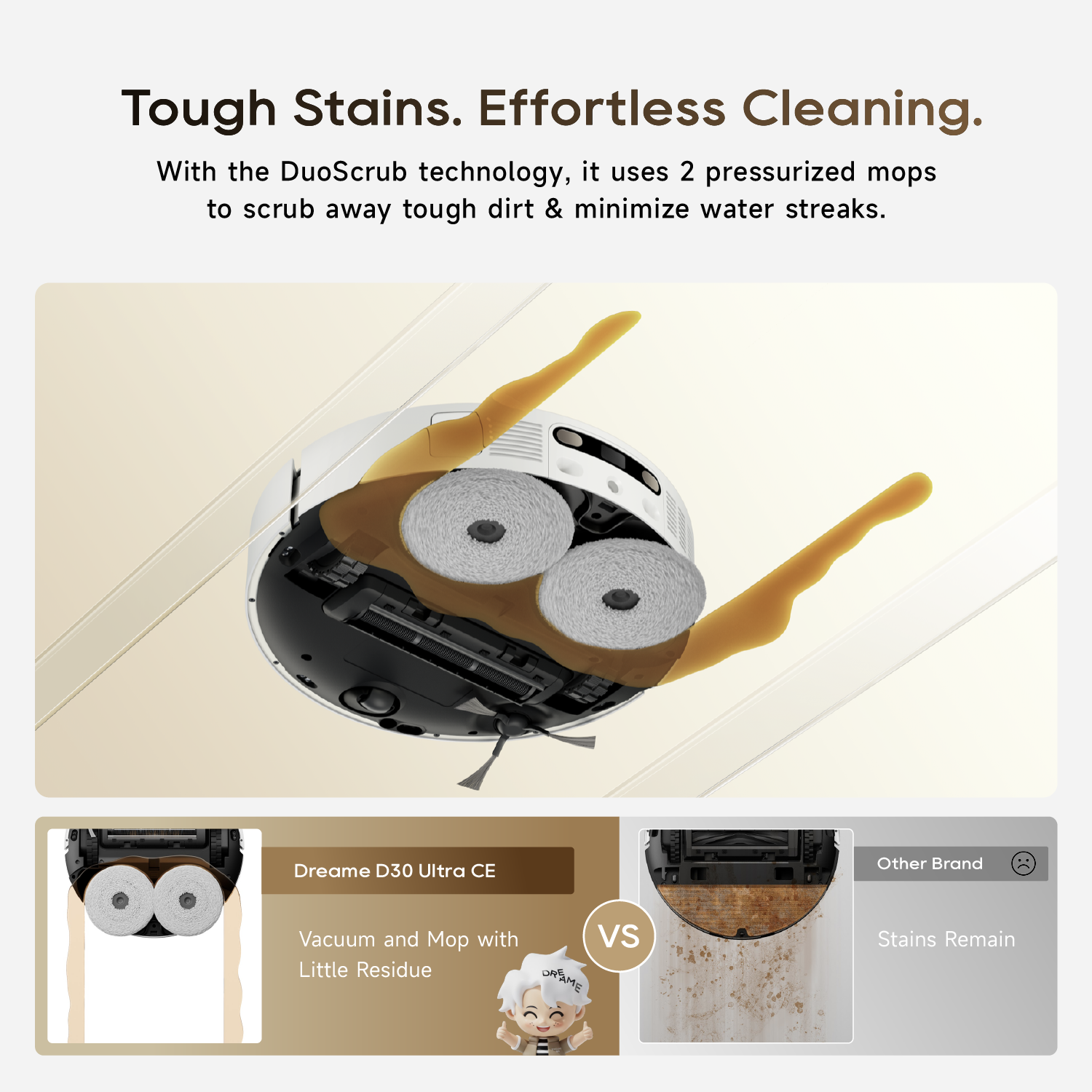 Robot vacuum scrubbing along baseboard with dual gray mop pads and side nozzles