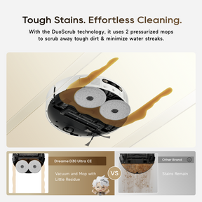 Robot vacuum scrubbing along baseboard with dual gray mop pads and side nozzles