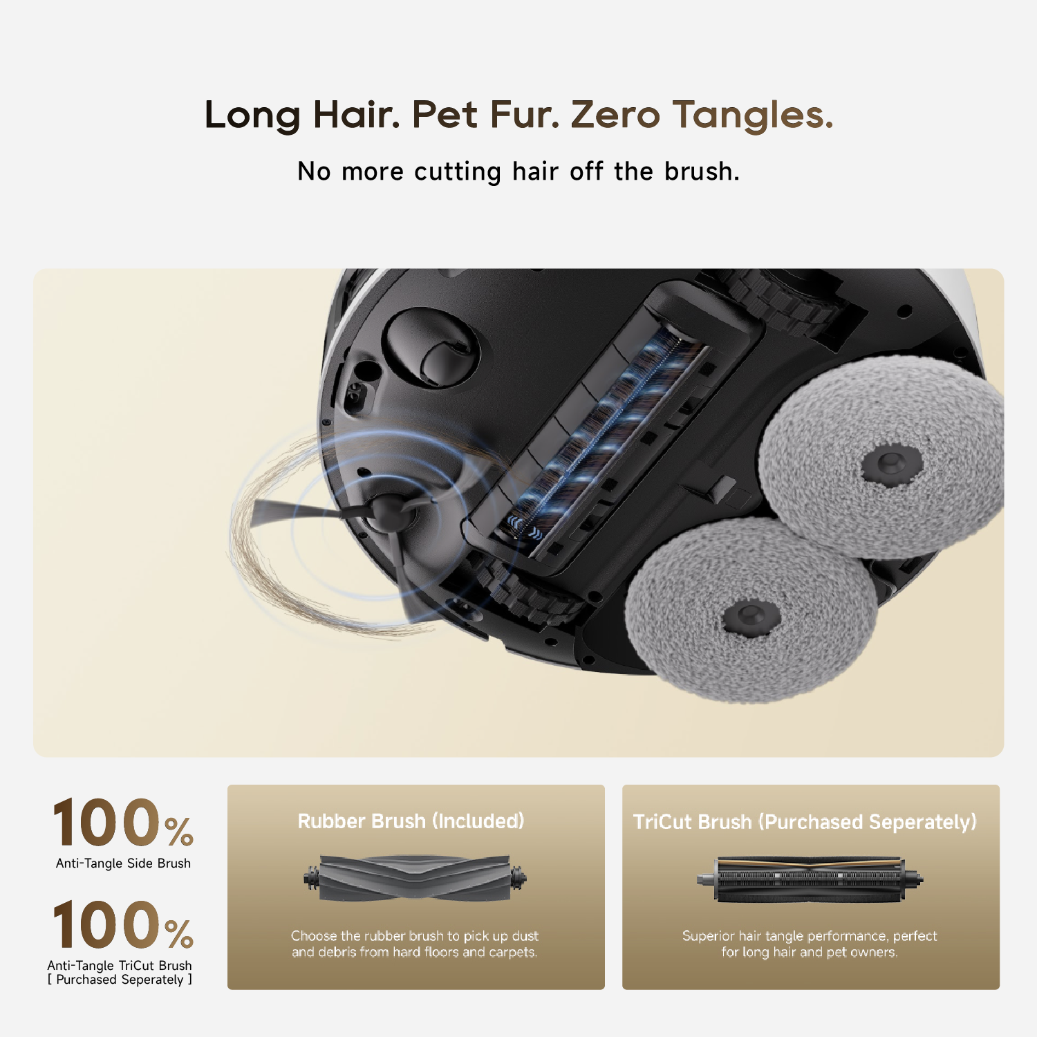 Robot vacuum brush roller with two gray mop pads and rotating side brush
