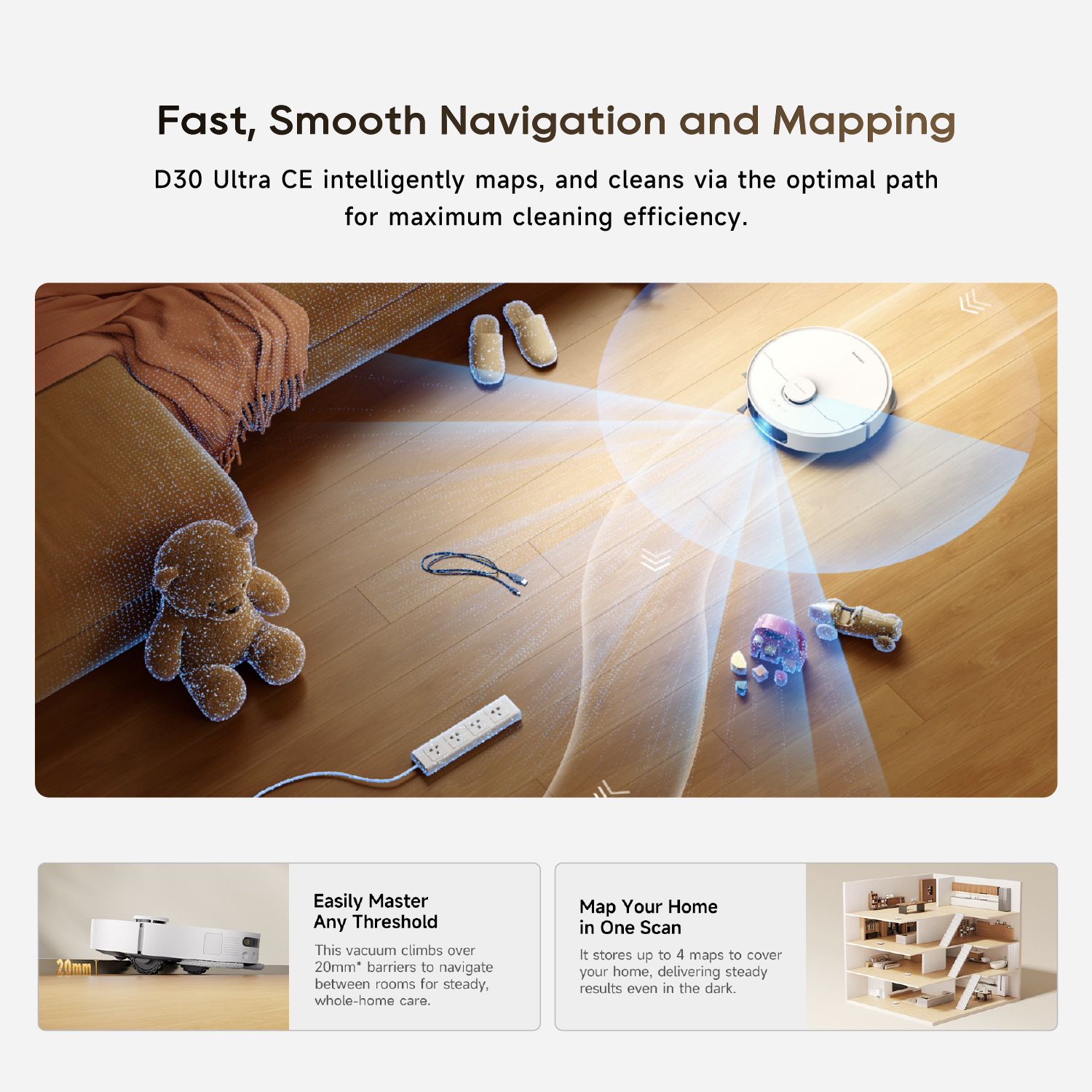 Dreame D30 Ultra CE robot vacuum and mop navigating hardwood with guiding lights
