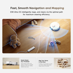Dreame D30 Ultra CE robot vacuum and mop navigating hardwood with guiding lights
