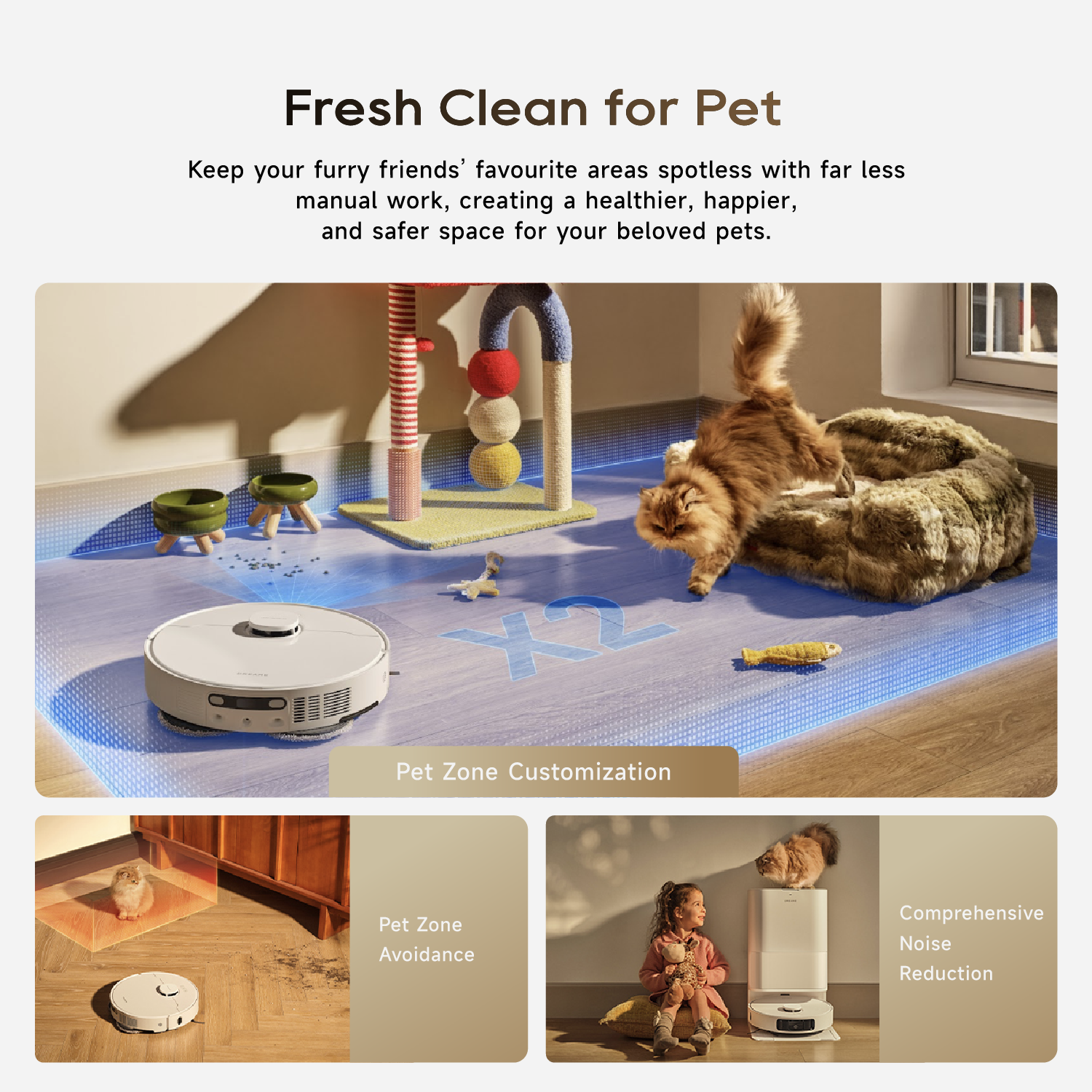 White robot vacuum on floor with pet-focused setup and mop area visible