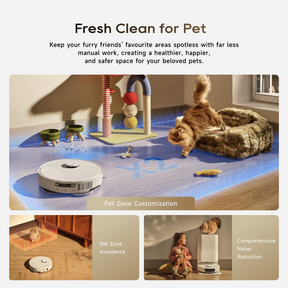 White robot vacuum on floor with pet-focused setup and mop area visible