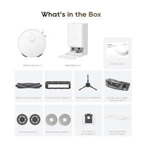 Robot vacuum and base station with box contents accessories laid out