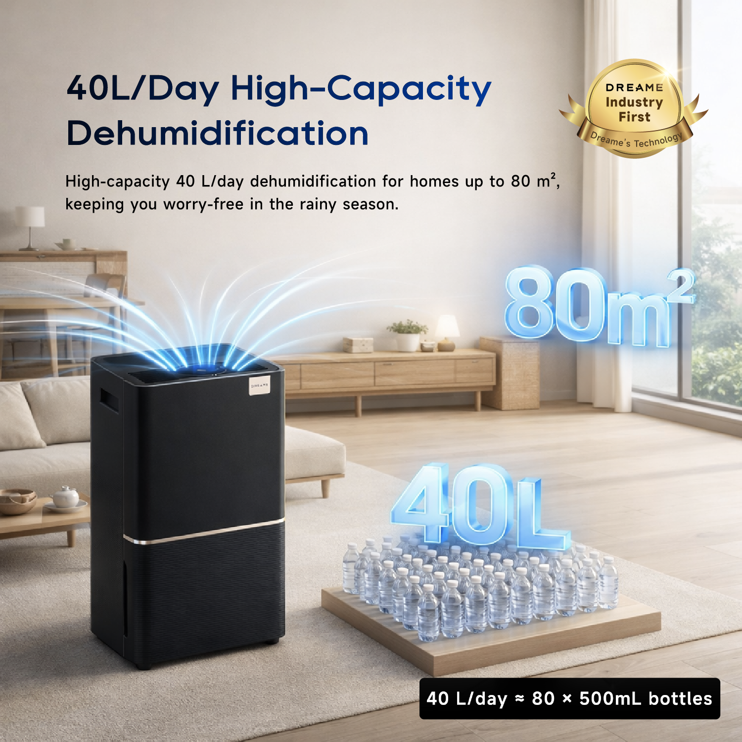 DB40 dehumidifier, 40L/day high-capacity black unit with water-splash effect