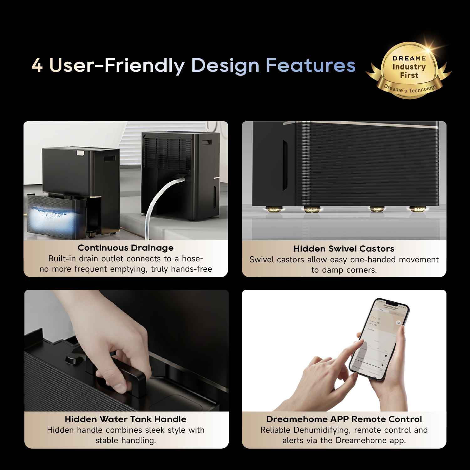 DB40 dehumidifier & purifier, drainage and mobility features with hidden tank handle