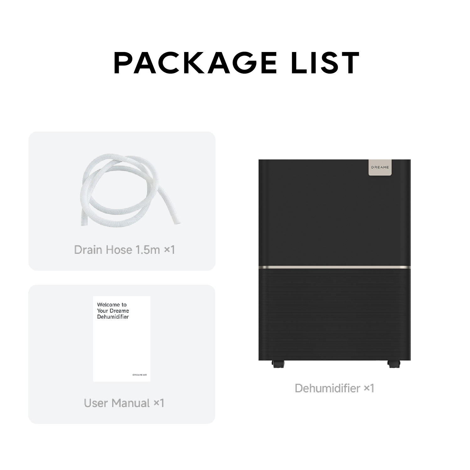 DB40 dehumidifier kit with 1.5 m drain hose and user manual