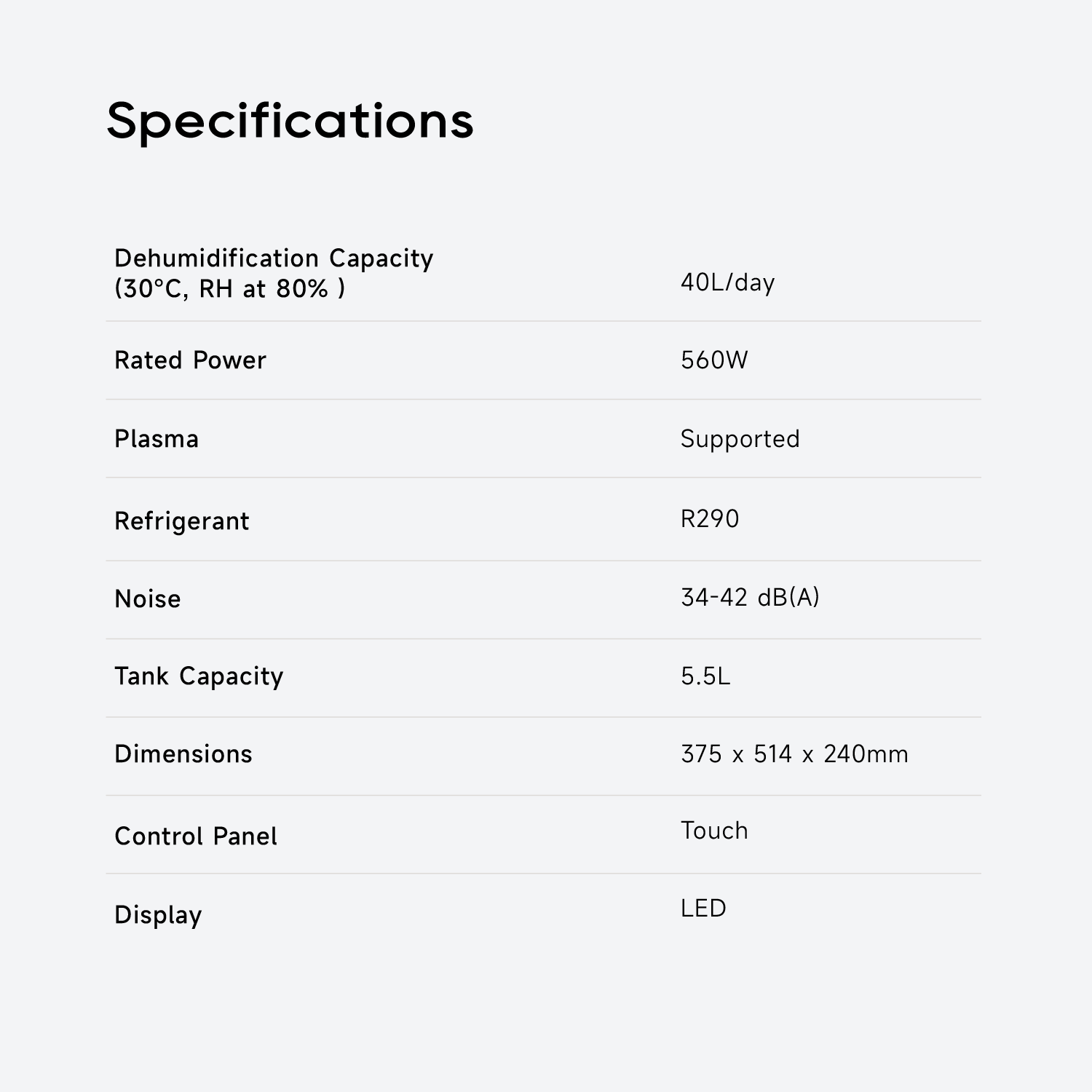 DB40 dehumidifier specifications: 40 L/day, 560 W, 5.5 L tank