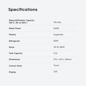 DB40 dehumidifier specifications: 40 L/day, 560 W, 5.5 L tank