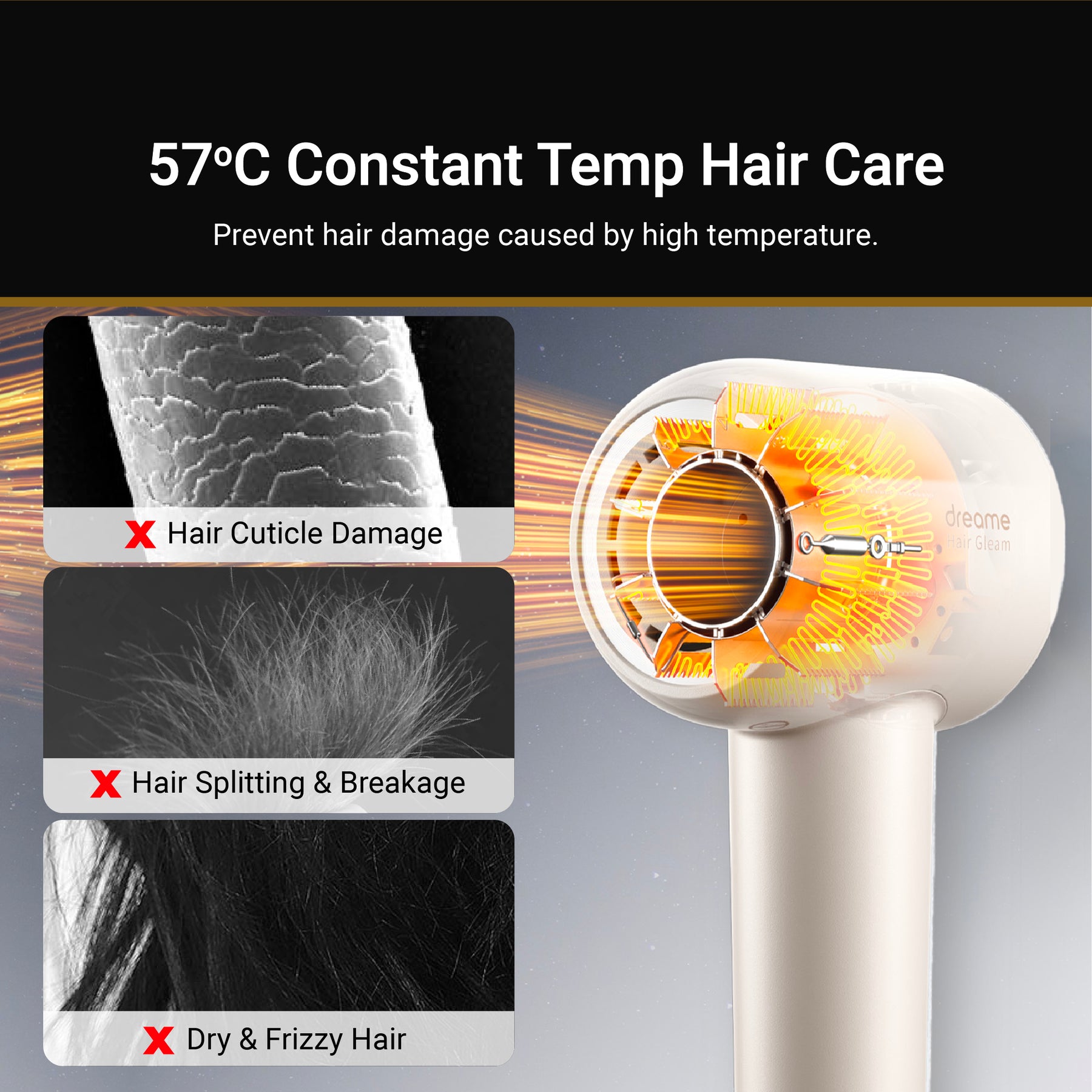 White hair dryer with 57°C constant temperature airflow heating view