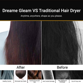 Hair dryer after-and-before results showing less frizz and smoother hair